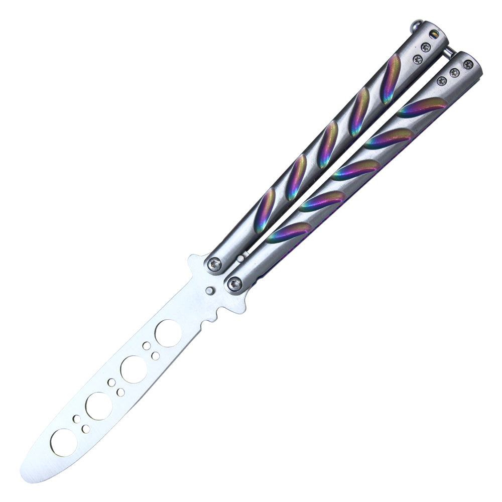 8 3/4" Stainless Steel Balisong Training Knife w/ Rainbow indentation marks on handle