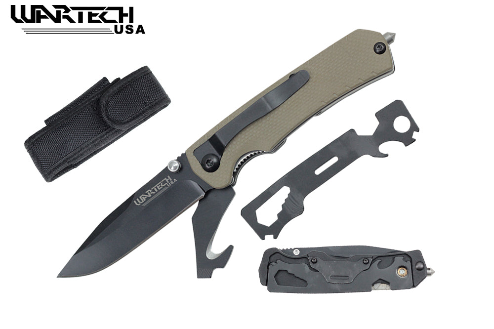 8 1/4" Folding Pocket Knife G10 Handle with Multi Tools (Tan)